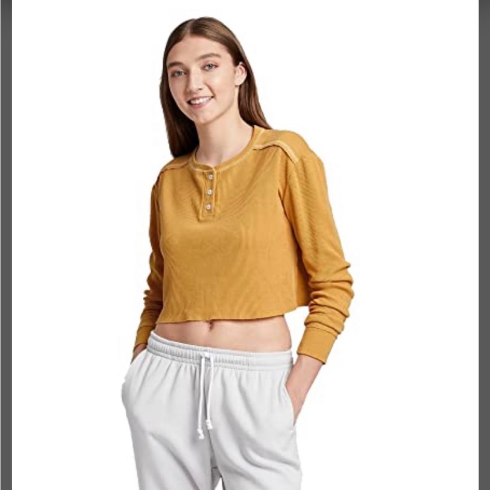 Wild Fable Women's Long Sleeve Boxy Waffle Henley T-Shirt - (yellow mustard med)
